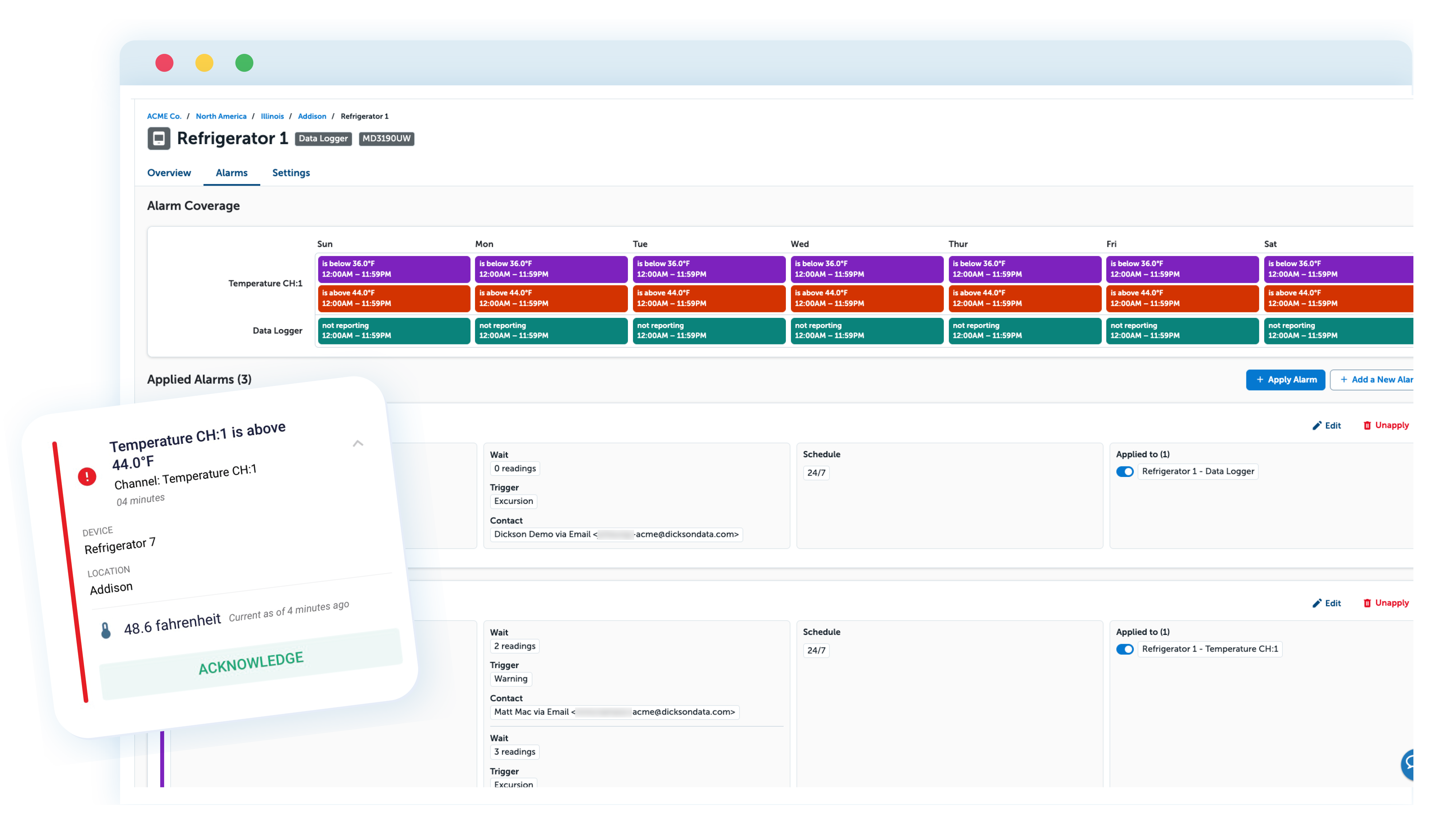 DicksonOne Alarms and Alerts Sample Page